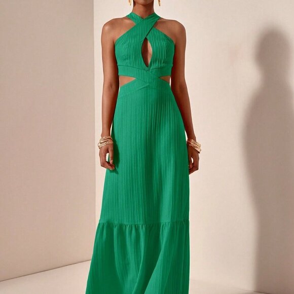 Green Casual Women's Halter Neck Textured Fabric Maxi Dress - Picture 5 of 7